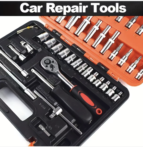 This 53-piece chrome-vanadium steel multi-functional repair kit is made of high-hardness chrome-vanadium steel and is equipped with a 72-tooth quick ratchet wrench. It includes all specifications of accessories such as sockets, bits, and extension rods, suitable for household repairs and car maintenance. The portable toolbox is neatly organized and is a practical choice for both home use and car repair.
