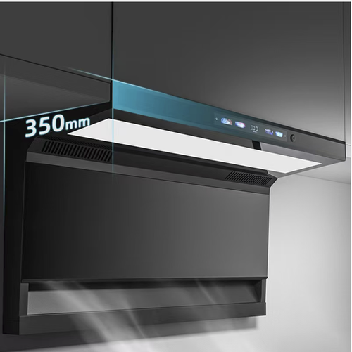 This top-side dual-suction high-power range hood features a 7-shaped design, effectively capturing the fumes from stir-frying without allowing them to spread. It is equipped with a high-temperature self-cleaning function, allowing you to remove the accumulated oil inside without having to disassemble it. The intelligent touch control operation, combined with the minimalist black crystal design, makes it an ideal choice for efficient smoke removal in modern kitchens.