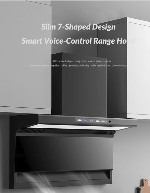 This top-side dual-suction high-power range hood features a 7-shaped design, effectively capturing the fumes from stir-frying without allowing them to spread. It is equipped with a high-temperature self-cleaning function, allowing you to remove the accumulated oil inside without having to disassemble it. The intelligent touch control operation, combined with the minimalist black crystal design, makes it an ideal choice for efficient smoke removal in modern kitchens.
