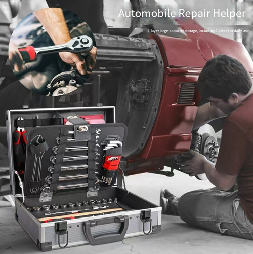 This 810-piece aluminum box handle tool set includes a variety of tools such as sockets, wrenches, screwdrivers, etc. It is made of high-carbon steel and is durable and sturdy. The multi-layer aluminum box is equipped with handle wheels for easy portability and organized storage. It is suitable for automotive maintenance, repair, and home DIY projects, making it an all-round choice for efficient repairs.