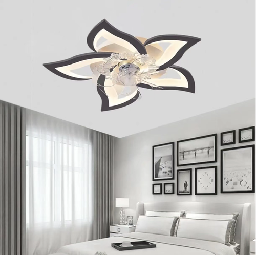 This Nordic-inspired ceiling fan lamp features a flower-shaped design to create an artistic appearance. It has a concealed 7-blade fan structure, with 6 gentle wind settings that are low-noise and do not disturb sleep. It supports three levels of color temperature LED lighting and dual mode (winter and summer) circulation air. It can be controlled via remote control or through an app. It is an ideal choice for a bedroom that combines beauty and comfort.