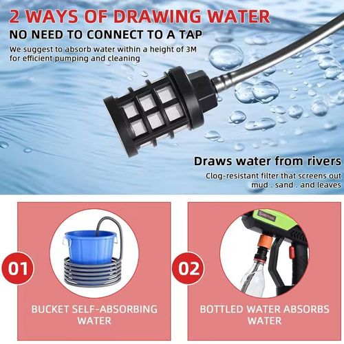 This handheld high-pressure portable car washing machine features a wireless lithium battery design, offering freedom from constraints. The high-pressure water flow can effectively scrub away stains. It comes with a built-in filter to protect the water pump and car paint. The lightweight handle provides a comfortable operation.The extended rod has no cleaning blind spots and is an ideal choice for various scenarios such as car washing and garden cleaning.
