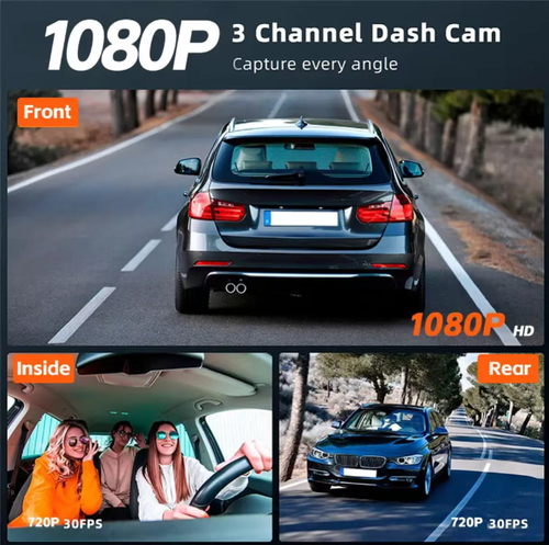 This three-channel dashcam supports simultaneous recording with front, interior and rear cameras. With 1080P high-definition video quality, an F1.8 large aperture and infrared night vision, it ensures clear images both day and night. It comes with built-in WiFi connectivity, allowing you to view and download recordings in real time via the APP. It also intelligently locks emergency videos. This is a reliable choice for comprehensive protection of driving safety.