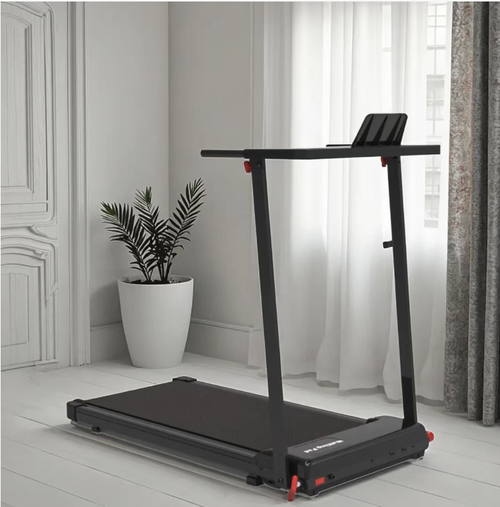 This household folding treadmill is easy to set up with just one click. When folded, it can be stored under the bed and doesn't take up much space. It is equipped with an ultra-quiet shock-absorbing motor, multiple speed settings, and a carbon steel body with a load capacity of 110KG. It comes with an LED screen and mobile wheels, and supports incline walking and stepping. It is an ideal choice for small-space fitness.