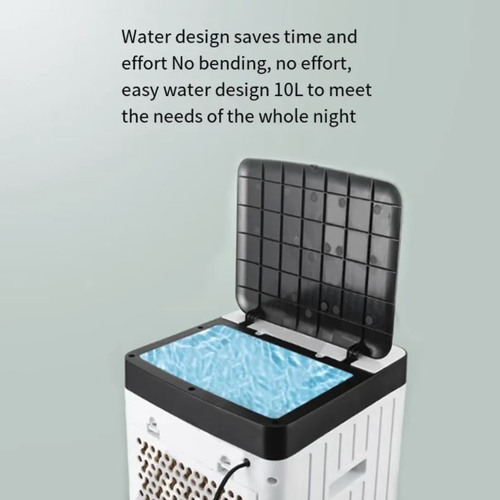This household air conditioning fan uses water-cooling for cooling, and can quickly lower the temperature by adding water or ice crystals. It is equipped with a 10L large water tank and an easy-to-add-water design, supporting overnight power supply,  it also has built-in negative ion purification, providing fresh air. It has multiple speed settings that can be adjusted, and the bottom swivel wheels make it easy to move, making it an energy-efficient and practical choice for cooling in summer.