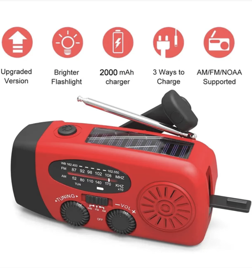 This multi-functional emergency radio supports three power sources: solar energy, hand-crank, and USB. It is equipped with a 2000mAh battery. It covers the AM, FM, and NOAA full frequency bands and comes with a high-brightness dual-mode flashlight that can charge your mobile phone. It is portable and durable, providing reliable protection for both outdoor and home emergencies. It ensures the safety of you and your family.