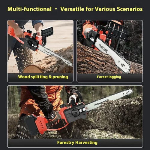 This 12-inch brushless lithium battery electric saw is equipped with a full-copper brushless motor, capable of high-power and high-speed cutting. It is powered by A-grade lithium battery with long range, featuring LED power display and intelligent temperature control. It has automatic fuel injection lubrication, tool-free chain adjustment, and dual safety switches for protection. It is an efficient and portable choice for garden logging and pruning.