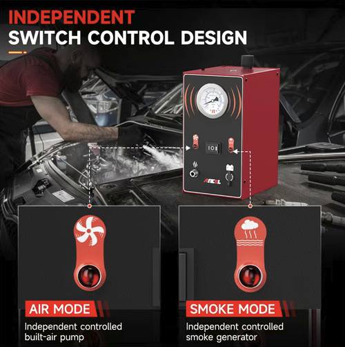 This automotive smoke leak detector supports multi-system detection including intake, EVAP, turbo, and exhaust systems, and can solve 80% of pipeline leakage problems. It features dual independent modes for air and smoke, enabling precise location of leakage points through visual smoke detection. It also includes pressure monitoring, built-in overheat and anti-freeze protection, making it suitable for efficient fault diagnosis in both auto repair shops and DIY scenarios.