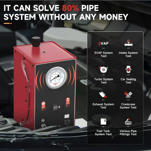 This automotive smoke leak detector supports multi-system detection including intake, EVAP, turbo, and exhaust systems, and can solve 80% of pipeline leakage problems. It features dual independent modes for air and smoke, enabling precise location of leakage points through visual smoke detection. It also includes pressure monitoring, built-in overheat and anti-freeze protection, making it suitable for efficient fault diagnosis in both auto repair shops and DIY scenarios.