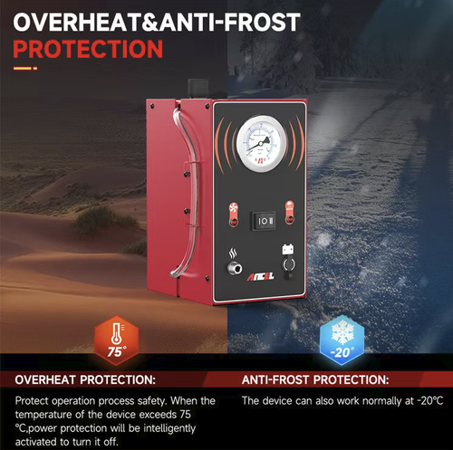 This automotive smoke leak detector supports multi-system detection including intake, EVAP, turbo, and exhaust systems, and can solve 80% of pipeline leakage problems. It features dual independent modes for air and smoke, enabling precise location of leakage points through visual smoke detection. It also includes pressure monitoring, built-in overheat and anti-freeze protection, making it suitable for efficient fault diagnosis in both auto repair shops and DIY scenarios.