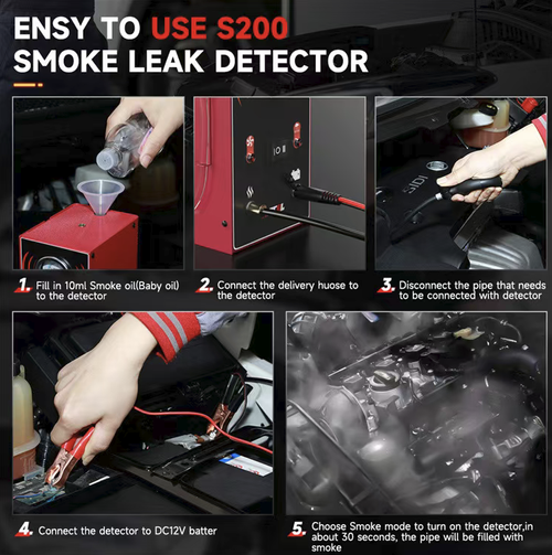 This automotive smoke leak detector supports multi-system detection including intake, EVAP, turbo, and exhaust systems, and can solve 80% of pipeline leakage problems. It features dual independent modes for air and smoke, enabling precise location of leakage points through visual smoke detection. It also includes pressure monitoring, built-in overheat and anti-freeze protection, making it suitable for efficient fault diagnosis in both auto repair shops and DIY scenarios.