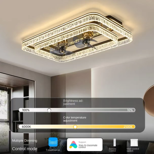 This luxurious Italian-style smart ceiling fan lamp features a double-layer ice-patterned crystal design, integrating both lighting and cooling functions. It supports offline voice control, APP control, and remote control. It is equipped with full-spectrum eye-friendly LED, two silent fans, and is suitable for a large space of 20-35 square meters. It is an excellent choice for living rooms and dining areas.