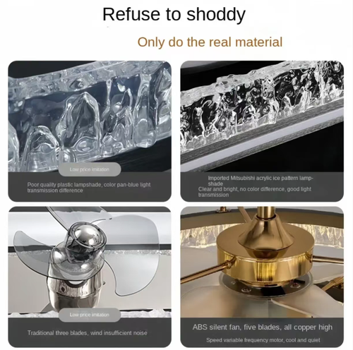 This luxurious Italian-style smart ceiling fan lamp features a double-layer ice-patterned crystal design, integrating both lighting and cooling functions. It supports offline voice control, APP control, and remote control. It is equipped with full-spectrum eye-friendly LED, two silent fans, and is suitable for a large space of 20-35 square meters. It is an excellent choice for living rooms and dining areas.