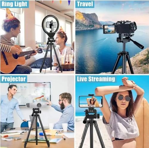 This black multi-functional tripod is compatible with mobile phones, cameras and GoPro. It supports 360° multi-angle adjustment and can be remotely controlled with a Bluetooth remote. Made of thickened aluminum alloy, it is sturdy and durable. When folded, it is portable and easy to store. It can also be equipped with an external lighting device. It is an all-round stable assistant for photography, live streaming and self-taking.