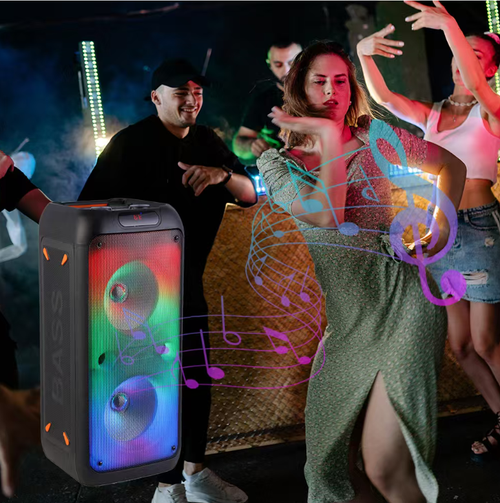 This dual 8.5-inch Bluetooth speaker features powerful dual units, 360° surround sound effect, and strong sound penetration. It comes with a built-in dynamic flame effect that sways with the rhythm. It supports microphone karaoke and multi-device connection. It is portable and durable, making it an excellent atmosphere enhancer for square dancing and party karaoke. Let every note of music become a passionate celebration, and infuse the outdoor life with endless vitality.