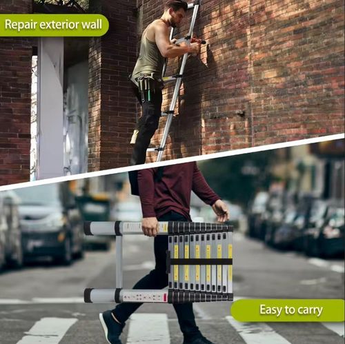 Thickened aluminum alloy telescopic ladder, household portable folding L-shaped ladder, engineering lifting straight ladder, safety lock and anti-slip stability, multi-functional dual-purpose climbing ladder, one-click contraction for easy storage, indoor decoration cleaning and outdoor work special ladder, strong load-bearing and long service life, in line with national safety standards, the preferred portable climbing tool for renters and construction workers.