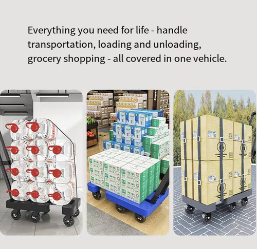 This portable trolley is specially designed for daily transportation. It has excellent load-bearing capacity, is quiet and durable, and moves smoothly without disturbing neighbors. With its quiet load-bearing, portable and foldable design, it is suitable for supermarket shopping, courier pickup and outdoor travel. It can be used for multiple purposes, making the transportation process effortless and worry-free. It makes carrying things a breeze and less tiring.