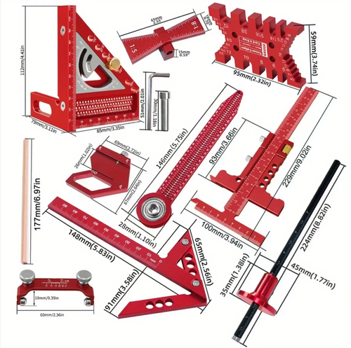 This multi-functional woodworking measuring tool set includes various professional tools such as a triangular ruler, marking gauge, and mortise and tenon gauge. It fully meets the needs of woodworking measurements and is made of high-precision aluminum alloy. It is also equipped with a portable storage box, making it an excellent tool for both professional woodworkers and DIY enthusiasts for precise work.