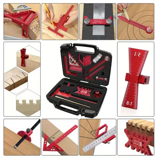 This multi-functional woodworking measuring tool set includes various professional tools such as a triangular ruler, marking gauge, and mortise and tenon gauge. It fully meets the needs of woodworking measurements and is made of high-precision aluminum alloy. It is also equipped with a portable storage box, making it an excellent tool for both professional woodworkers and DIY enthusiasts for precise work.