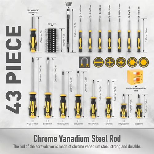 This 43-piece magnetic screwdriver set covers all scenarios for maintenance and is fully compatible with various situations. The strong magnetic tip has a stable adhesion and won't slip off. The chrome-vanadium steel material is durable and sturdy. The ergonomic handle provides a comfortable operation. It is also equipped with a custom storage box, making it convenient for storage and preventing loss. It is an all-in-one tool suitable for household maintenance and DIY projects.