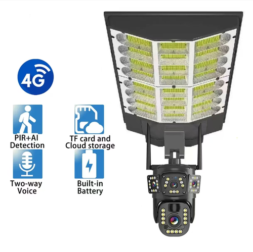 This 3-lens solar-powered 4G surveillance camera features simultaneous preview of all three lenses without any blind spots. It is powered by solar energy and has a long-lasting power supply. It supports full-color night vision, human shape detection, and sound and light alarm. It is IP66 waterproof and dustproof. It can be remotely viewed via mobile phone for real-time monitoring, making it suitable for all-round security protection in courtyards, farms, and construction sites.