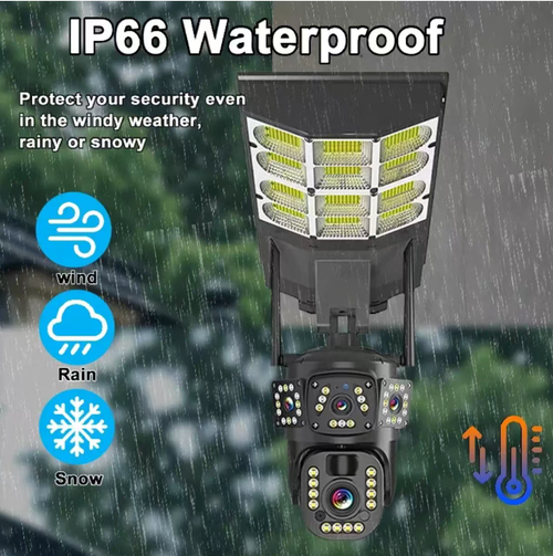 This 3-lens solar-powered 4G surveillance camera features simultaneous preview of all three lenses without any blind spots. It is powered by solar energy and has a long-lasting power supply. It supports full-color night vision, human shape detection, and sound and light alarm. It is IP66 waterproof and dustproof. It can be remotely viewed via mobile phone for real-time monitoring, making it suitable for all-round security protection in courtyards, farms, and construction sites.