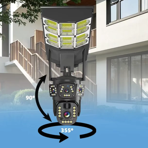 This 3-lens solar-powered 4G surveillance camera features simultaneous preview of all three lenses without any blind spots. It is powered by solar energy and has a long-lasting power supply. It supports full-color night vision, human shape detection, and sound and light alarm. It is IP66 waterproof and dustproof. It can be remotely viewed via mobile phone for real-time monitoring, making it suitable for all-round security protection in courtyards, farms, and construction sites.