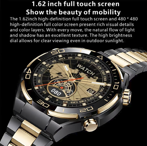 This 1.62-inch round screen smartwatch is equipped with a high-definition full-touch screen, Bluetooth for real-time voice communication and message reception. It supports heart rate, blood pressure, and blood oxygen monitoring as well as multiple exercise mode recording. Local music can be played offline. It has long battery life and practical functions, making it a versatile wrist companion for both daily exercise and business life.