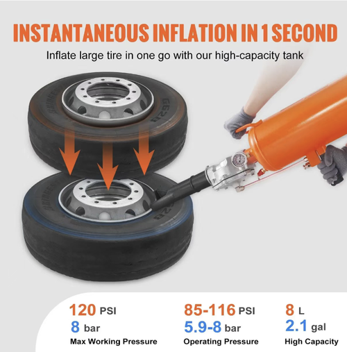 This tire blowout sealing high-pressure inflation cylinder features a large-capacity high-pressure instant sealing vacuum tire. It is precisely controlled by a pressure gauge for safe pressure regulation. It is compatible with all vehicle models including motorcycles, cars, and light trucks. The thick tank body is explosion-proof and durable. It is portable and easy to carry. It is a professional and efficient tool for repairing tires and providing emergency inflation for car owners.