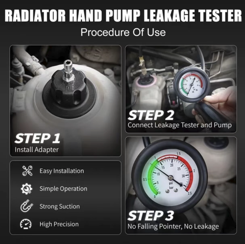 This car radiator pressure leak detection tool kit is equipped with full-range plugs that fit all models. It can accurately detect and locate leaks, and supports vacuum filling of coolant. The high-precision pressure gauge, durable metal material, and simple operation make it a professional-level tool for auto repair shops and mechanics to test the cooling system. It comes with a custom storage box.