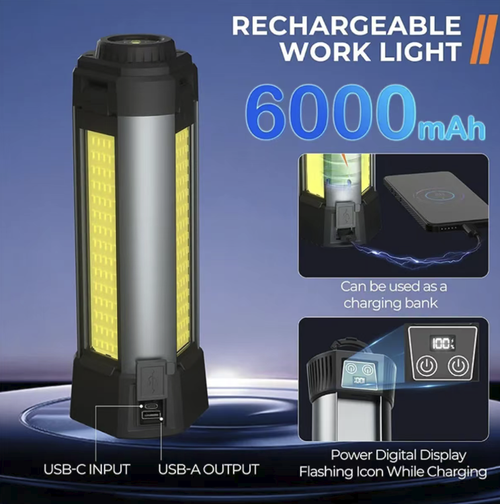 This stretchable COB work light features high-brightness COB lamp beads with a wide floodlight without blind spots. The three lamp heads can open and close at 90°, and the extendable tripod allows for free height adjustment. It supports multi-level dimming, fast charging and long battery life. It also has magnetic attraction and power bank functions, is durable and robust, making it an all-round lighting wonder for outdoor camping, engineering work and emergency lighting.