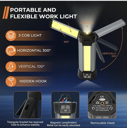 This stretchable COB work light features high-brightness COB lamp beads with a wide floodlight without blind spots. The three lamp heads can open and close at 90°, and the extendable tripod allows for free height adjustment. It supports multi-level dimming, fast charging and long battery life. It also has magnetic attraction and power bank functions, is durable and robust, making it an all-round lighting wonder for outdoor camping, engineering work and emergency lighting.