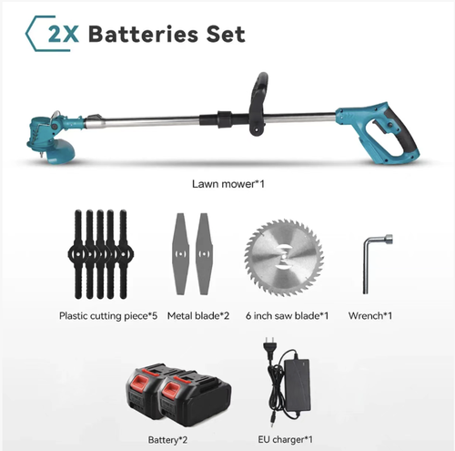 This foldable lithium battery lawn mower has dual power supply for long-lasting operation. It is compatible with multiple blades for various garden maintenance tasks. It can be extended and folded for easy storage. It also has an auxiliary wheel for more convenient operation. The wireless lithium battery is noise-free, pollution-free, safe and durable. It is an all-in-one electric tool for household garden weed removal and lawn trimming.
