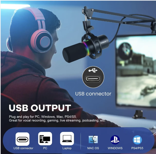 This RGB dynamic diaphragm USB microphone features a heart-shaped directional pickup that eliminates background noise and delivers clear and full human voices. The RGB ambient light enhances the atmosphere. It is USB plug-and-play and compatible with multiple devices. The included cantilever stand and shockproof frame make it a professional audio recording tool for streamers, esports team members, and voice recording and dubbing purposes.