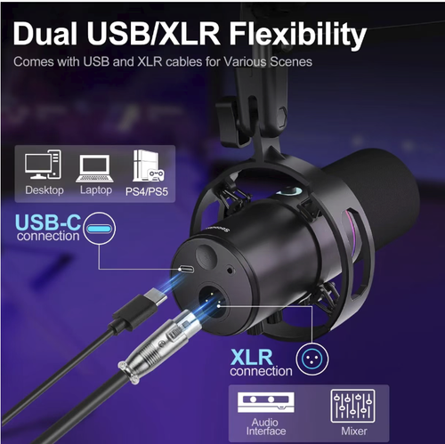 This RGB dynamic diaphragm USB microphone features a heart-shaped directional pickup that eliminates background noise and delivers clear and full human voices. The RGB ambient light enhances the atmosphere. It is USB plug-and-play and compatible with multiple devices. The included cantilever stand and shockproof frame make it a professional audio recording tool for streamers, esports team members, and voice recording and dubbing purposes.