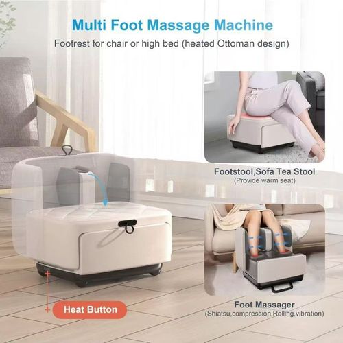 This multi-functional foot therapy device integrates foot kneading, roller scraping, calf airbag pressing and constant temperature heating. It offers multiple modes to relieve leg and foot fatigue. It supports dual control via both an app and buttons. It can be used as a foot stool and is suitable for those who exercise or sit for long periods to relax, improve circulation, relieve soreness and tension. It is practical for home use.