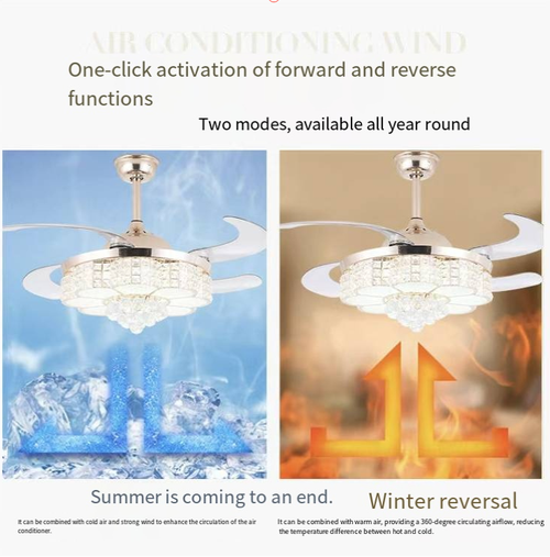 This European-style concealed inverter ceiling fan lamp features a luxurious crystal design, exuding an air of luxury. The inverter silent motor provides gentle air circulation. It has three-color LED dimming function with an endless range. The lamp and fan are integrated, saving space. The remote control operation is convenient. It is a high-end home item that combines lighting and air circulation for the living room, dining room, and bedroom.