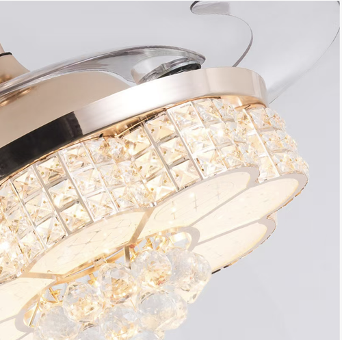 This European-style concealed inverter ceiling fan lamp features a luxurious crystal design, exuding an air of luxury. The inverter silent motor provides gentle air circulation. It has three-color LED dimming function with an endless range. The lamp and fan are integrated, saving space. The remote control operation is convenient. It is a high-end home item that combines lighting and air circulation for the living room, dining room, and bedroom.
