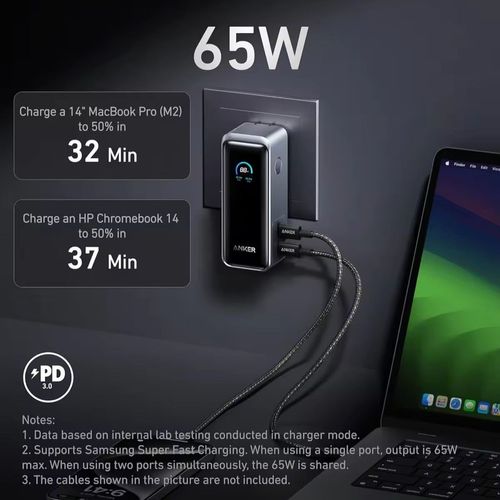 This is Anker's dual-purpose portable charger. It comes with a built-in plug and a digital display screen. It has a capacity of 9600mAh and supports 65W fast charging. It can charge mobile phones and laptops. Its size is 60% smaller than the traditional 65W portable charger. The folding plug is portable, and it can supply power to two devices simultaneously. It can handle all your charging needs during business trips or travels.