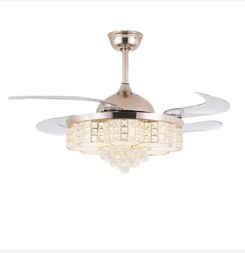 This European-style concealed inverter ceiling fan lamp features a luxurious crystal design, exuding an air of luxury. The inverter silent motor provides gentle air circulation. It has three-color LED dimming function with an endless range. The lamp and fan are integrated, saving space. The remote control operation is convenient. It is a high-end home item that combines lighting and air circulation for the living room, dining room, and bedroom.