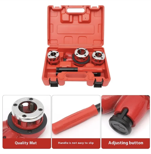 This 62 model light-duty 6-head pipe threading machine is equipped with 6 sets of multi-sized die sets that are compatible with full-size pipes. It is lightweight, portable and easy to operate, with alloy steel cutting edges that are sharp and durable. The threading is precise and the sealing is good. The complete set of accessories comes with a storage box. It is a professional tapping tool for water heating installation and pipe maintenance.
