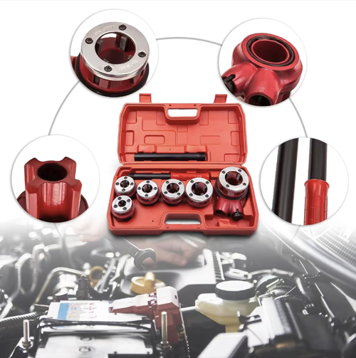 This 62 model light-duty 6-head pipe threading machine is equipped with 6 sets of multi-sized die sets that are compatible with full-size pipes. It is lightweight, portable and easy to operate, with alloy steel cutting edges that are sharp and durable. The threading is precise and the sealing is good. The complete set of accessories comes with a storage box. It is a professional tapping tool for water heating installation and pipe maintenance.