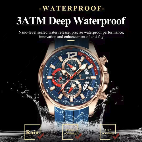 This three-hand six-needle quartz men's watch features a sport chronograph dial design, 3ATM deep water resistance, an accurate quartz movement with stable timekeeping, a skin-friendly silicone strap for comfortable wearing, and a blue-gold color contrast appearance that is highly stylish. It is suitable for various scenarios such as sports, business, and daily use, and is an all-round wristwatch that showcases the style of a stylish man.