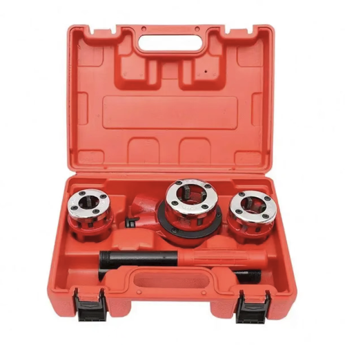 This 62 model light-duty 6-head pipe threading machine is equipped with 6 sets of multi-sized die sets that are compatible with full-size pipes. It is lightweight, portable and easy to operate, with alloy steel cutting edges that are sharp and durable. The threading is precise and the sealing is good. The complete set of accessories comes with a storage box. It is a professional tapping tool for water heating installation and pipe maintenance.