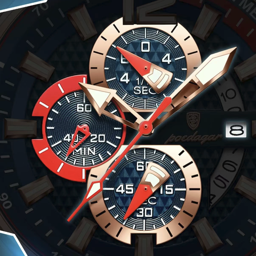 This three-hand six-needle quartz men's watch features a sport chronograph dial design, 3ATM deep water resistance, an accurate quartz movement with stable timekeeping, a skin-friendly silicone strap for comfortable wearing, and a blue-gold color contrast appearance that is highly stylish. It is suitable for various scenarios such as sports, business, and daily use, and is an all-round wristwatch that showcases the style of a stylish man.