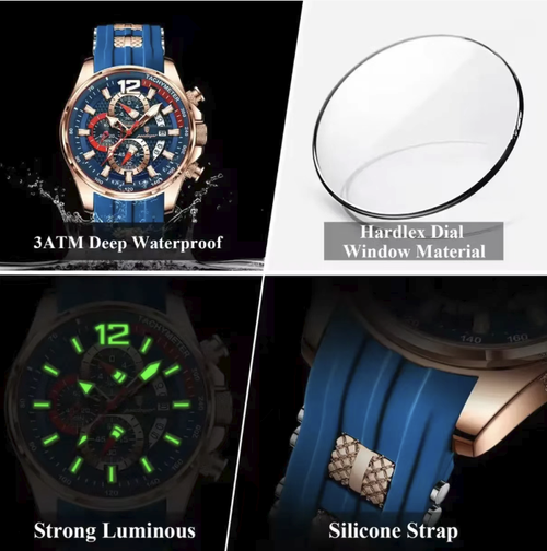 This three-hand six-needle quartz men's watch features a sport chronograph dial design, 3ATM deep water resistance, an accurate quartz movement with stable timekeeping, a skin-friendly silicone strap for comfortable wearing, and a blue-gold color contrast appearance that is highly stylish. It is suitable for various scenarios such as sports, business, and daily use, and is an all-round wristwatch that showcases the style of a stylish man.