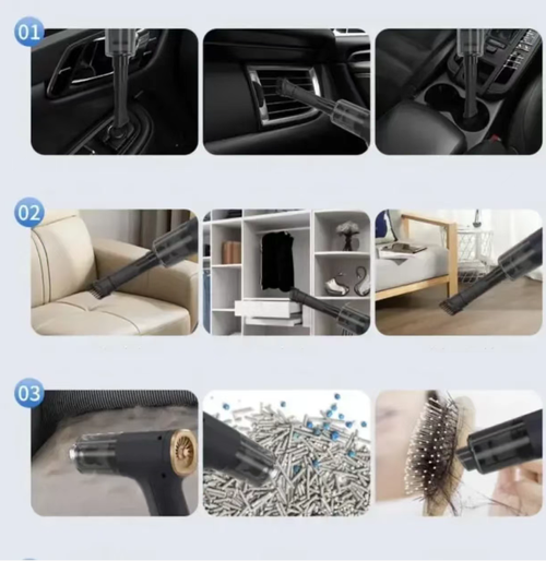 Wireless handheld and vehicle-mounted vacuum cleaner, integrating functions of vacuuming, blowing air and inflating. It has strong suction power for both dry and wet cleaning, and multiple brush heads are compatible with various cleaning scenarios. Wireless and portable with Type-C fast charging, low noise operation, capable of easily handling dust and stains inside cars and at home. It is an all-round cleaning powerhouse for both vehicles and homes.