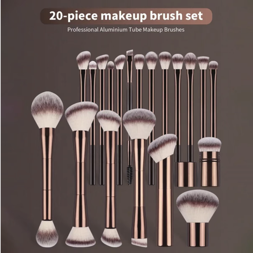 A 20-piece set of coffee-colored aluminum tube makeup brushes, fully equipped to cover foundation, eye makeup, and detailed makeup. The soft bionic hair texture does not cake on the skin or hurt the face. The aluminum tube handle is durable and easy to clean. When paired with makeup sponges, even beginners can easily create a refined makeup look. It is a high-value, cost-effective companion for both daily and professional makeup.