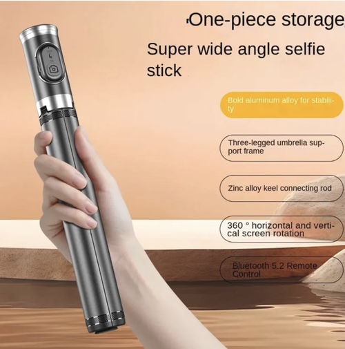 Automatic folding Bluetooth selfie stick. When placed, it will automatically fold and unfold. The built-in storage device makes it easy to carry and compact in size. It can also be paired with a Bluetooth remote control. No need to manually tighten screws or assemble components. Even those with less flexible hand movements can easily get started. Make every shot effortless and worry-free, and one person can also create a film-like quality shot.