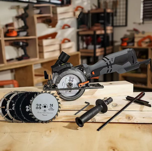 A small handheld electric circular saw, with powerful cutting force and smooth operation, can be used for cutting various materials such as wood, tiles, and metal. It is portable and easy to operate with one hand, equipped with a guide plate to assist in precise cutting. It also has multiple safety protections. It is an economical and high-performance cutting tool for woodworking DIY, household repairs, and construction work.